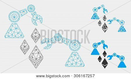 Mesh Ethereum Mine Robotics Model With Triangle Mosaic Icon. Wire Carcass Polygonal Mesh Of Ethereum