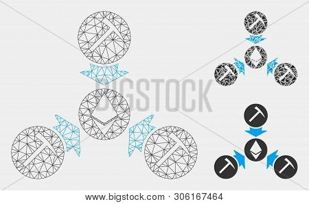 Mesh Ethereum Mining Pool Model With Triangle Mosaic Icon. Wire Carcass Triangular Mesh Of Ethereum 