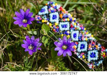 Wild Flowers And The Bracelet In Ethnic Style On The Mountain Meadow. Holidays