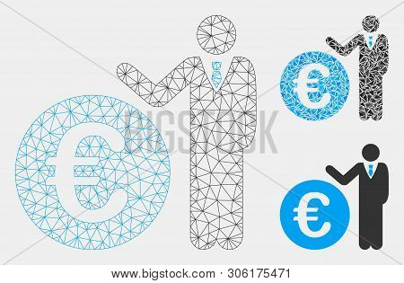 Mesh Euro Economist Model With Triangle Mosaic Icon. Wire Frame Triangular Mesh Of Euro Economist. V