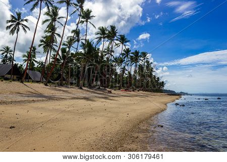 Beach On The Tropical Island Clear Blue Water. Dravuni Island, Fiji.