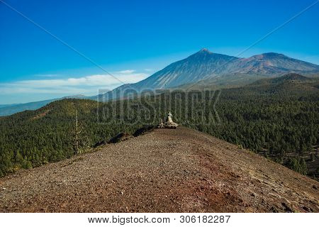 View Of Mountain Teide From The Top Of Volcano Arenas Negras. Bright Blue Sky. Teide National Park, 