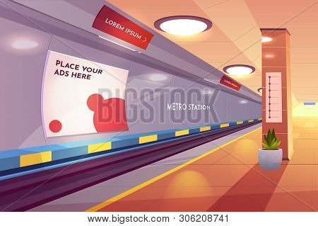 Metro Station, Empty Subway Platform, Underground Interior Design With Map And Ads Banners. Modern M