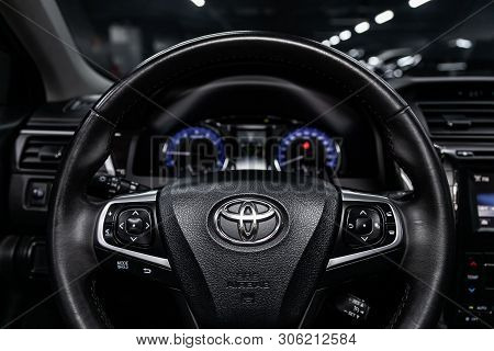Novosibirsk, Russia - June 11, 2019:  Toyota Camry, Close-up Of The Dashboard, Speedometer, Tachomet