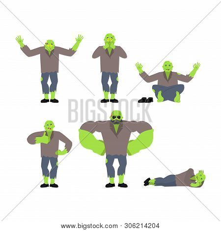 Zombie Set Poses. Living Dead Happy And Yoga. Undead Sleeping And Angry. Guilty And Sad. Vector Illu
