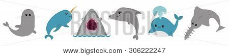 Sea Ocean Animal Fauna Icon Set Line. Blue Whale, Sawshark, Dolphin, Narwhal, Seal. Saw Shark Fish. 