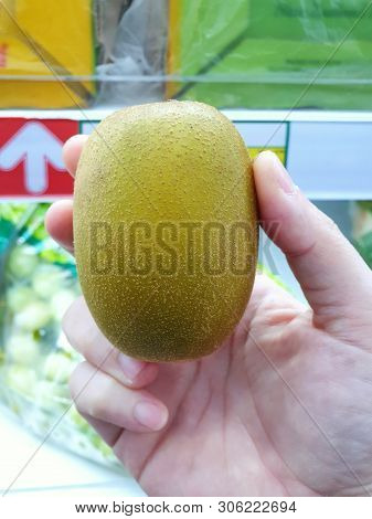 Selective Focus Of Hand Holding Zespri Gold Kiwi For Sale In The Supermarket, Ready To Eat Or Making