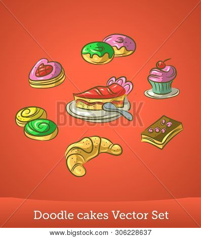 Doodle Cakes Set Isolated On Red Background. Vector