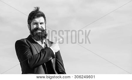 Project Manager. Businessman Against The Sky. Brutal Caucasian Hipster With Moustache. Mature Hipste