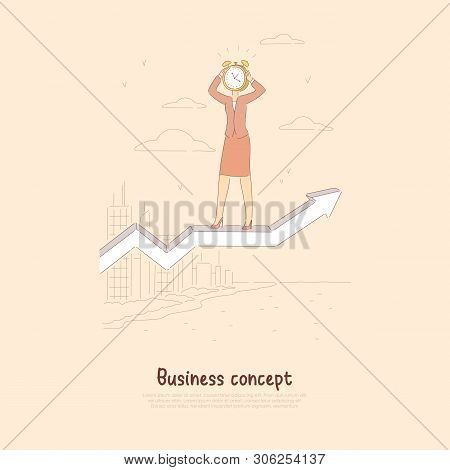 Successful Businesswoman With Alarm Clock On Head Standing On Rising Arrow, Surreal Time Management 