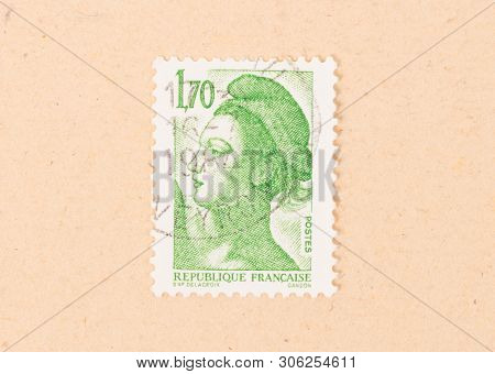 France - Circa 1980: A Stamp Printed In France Shows Portrait Of A Woman, Known As Liberty, After Eu
