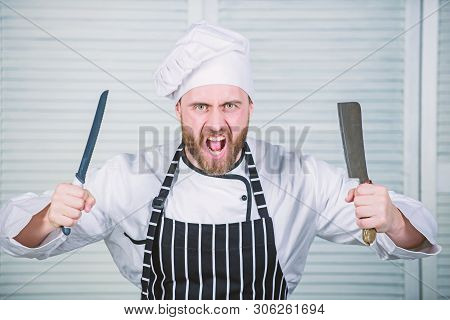 Chef Choose Professional Tools. Chef Hold Cleaver Knife Tool Ready To Chop Ingredients. Man Wear Apr