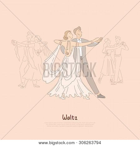 Happy Couple In Ballroom, Young Man In Suit And Woman In Beautiful Dress Dancing Waltz, Ballet Schoo