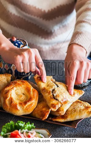 Freshly Baked Eastern Samsa On A Vintage Tray. Close Up.traditional Eastern Pastry - Samsa Filled Wi