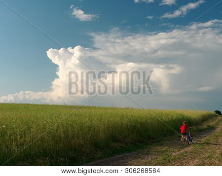 A Child On A Bicycle. Beautiful White Clouds In The Sky Float Above The Field.