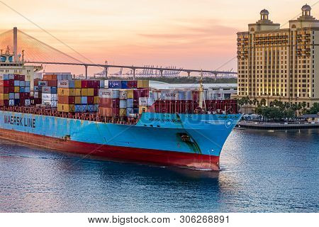 Savannah, Georgia - April 29, 2019:  Freighters Now Carry Most Of The Worlds Cargo And The Largest C