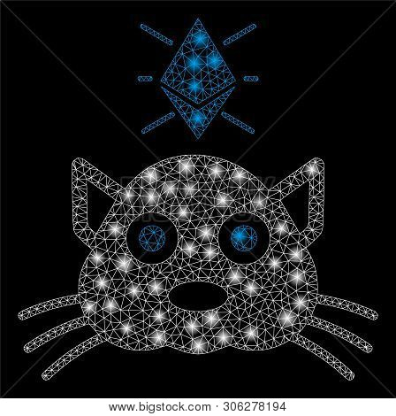 Bright Mesh Ethereum Crypto Kitty With Glow Effect. Abstract Illuminated Model Of Ethereum Crypto Ki