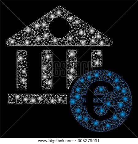 Bright Mesh Euro Banking Building With Lightspot Effect. Abstract Illuminated Model Of Euro Banking 