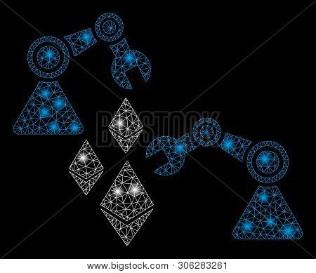 Bright Mesh Ethereum Mine Robotics With Glow Effect. Abstract Illuminated Model Of Ethereum Mine Rob