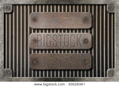 drie roestig platen op metalen raster achtergrond