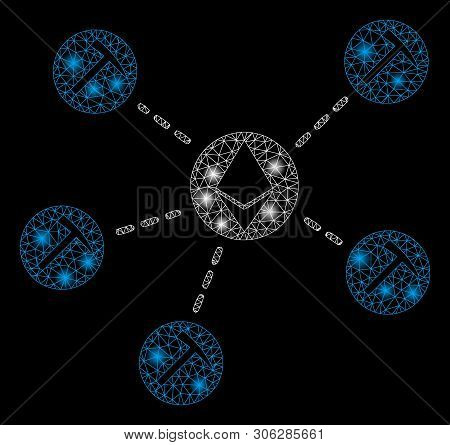 Bright Mesh Ethereum Mining Pool With Lightspot Effect. Abstract Illuminated Model Of Ethereum Minin