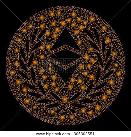 Bright Mesh Ethereum Classic Laurel Coin With Glare Effect. Abstract Illuminated Model Of Ethereum C
