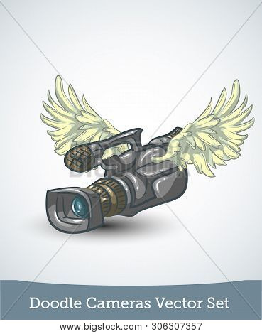 Video Camera With Wings Isolated On White Background. Vector