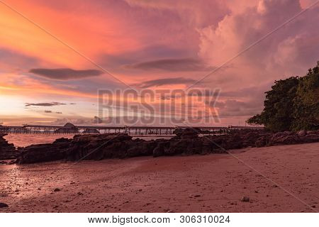 sunset above industry pier at Kwang beach.there have beautiful rock along the beach. Kwang beach is 