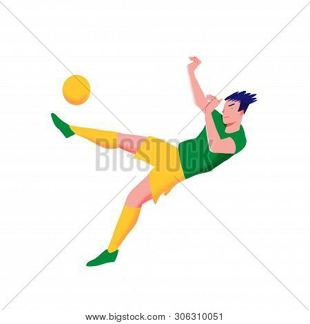 Football Player. Man In Green Shirt And Yellow Shorts Punch To The Ball  In Falling. The People In D