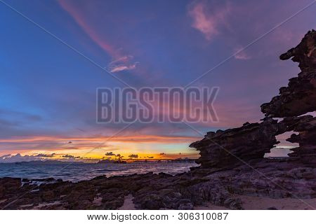 Sunset Above Industry Pier At Kwang Beach.there Have Beautiful Rock Along The Beach. Kwang Beach Is 