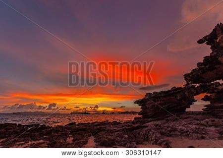 Sunset Above Industry Pier At Kwang Beach.there Have Beautiful Rock Along The Beach. Kwang Beach Is 