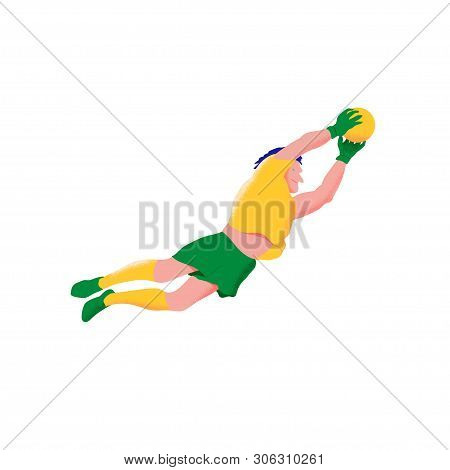 Football Player. Man Goalkeeper In Yellow Shirt And Green Shorts Catch The Ball  In Falling. The Peo