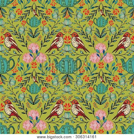 Vector Symmetrical Floral Seamless Pattern With Folk Art Motifs