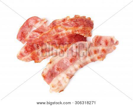 Slices Of Roasted Bacon For Burger Isolated On White, Top View