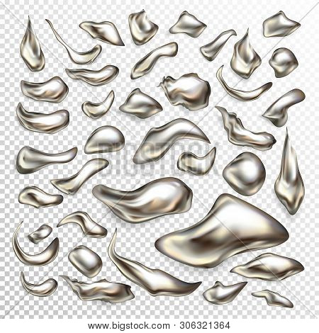 Molted Precious Metal Drops, Liquid Silver Blots, Mercury Swirls 3d Realistic Set Isolated On Backgr