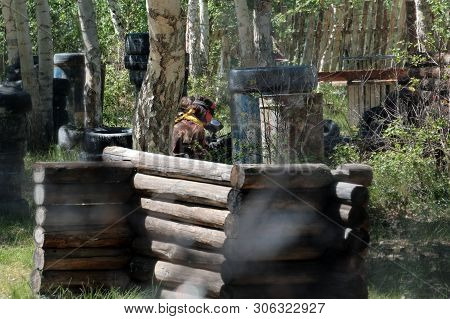 Paintball. Players Hid Behind Cover In The Forest. Polygon For The Popular Game Of War. Sports Outdo