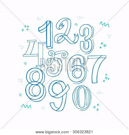 Full Set Of Hand Drawn Lettering Figures From Zero To Nine. Line Art Style Numerical Symbols 0123456