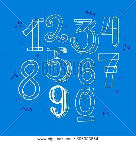 Full Set Of Hand Drawn Lettering Figures From Zero To Nine. Line Art Style Numerical Symbols 1234567