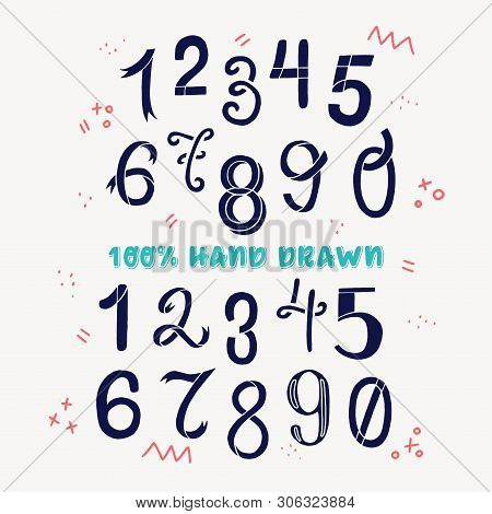 Two Sets Of Hand Drawn Lettering Figures From One To Nine And Zero. Calligraphic Numerical Symbols 1