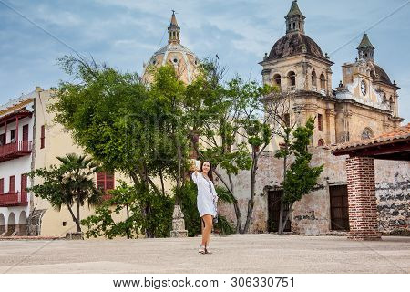 Beautiful Woman Taking Selfies At The Walls Surrounding The Colonial City Of Cartagena De Indias