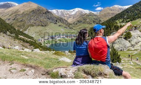 Two Tourist In A Nice Valley From Spain, Mountain Pyrenees (name Vall De Nuria)