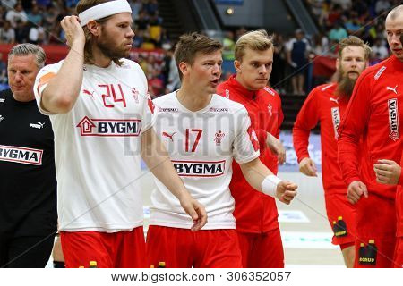 Kyiv, Ukraine - June 12, 2019: Players Of Denmark National Handball Team During The Ehf Euro 2020 Qu