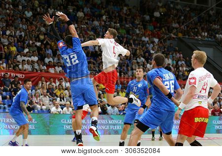 Kyiv, Ukraine - June 12, 2019: Magnus Landin Jacobsen Of Denmark Attacks During The Ehf Euro 2020 Qu