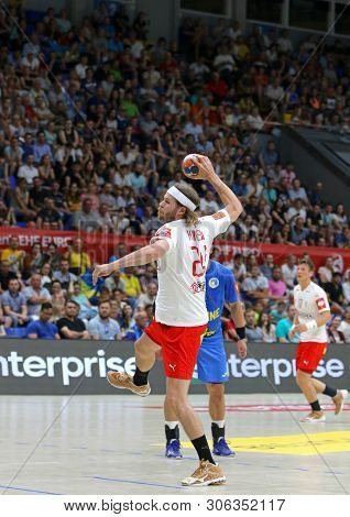 Kyiv, Ukraine - June 12, 2019: Mikkel Hansen Of Denmark Throws The Penalty Kick During The Ehf Euro 