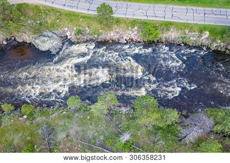 Poudre River and Canyon - aerial view with high water and late spring scenery
