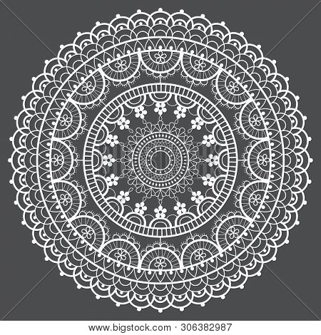 Mandala Retro Lace Vector Pattern, Round Design With Flowers And Swirls In White On Gray Background