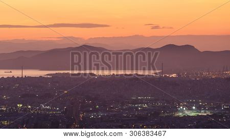 Athens, Greece - February 1, 2019: View Of Athens And Piraeus From Lycabettus Hill At Sunset, Greece
