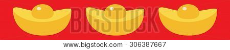 Gold Ingot Line Set. Cinese New Year Symbol Atribute. Golden Bar Icon. Greeting Card. Flat Design. I