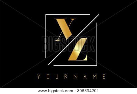 Xz Golden Letter Logo With Cutted And Intersected Design And Square Frame Vector Illustration