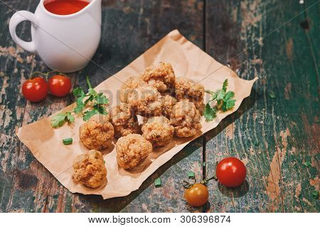 Vietnamese Food. Delicious Homemade Fish Balls On Wooden Table.